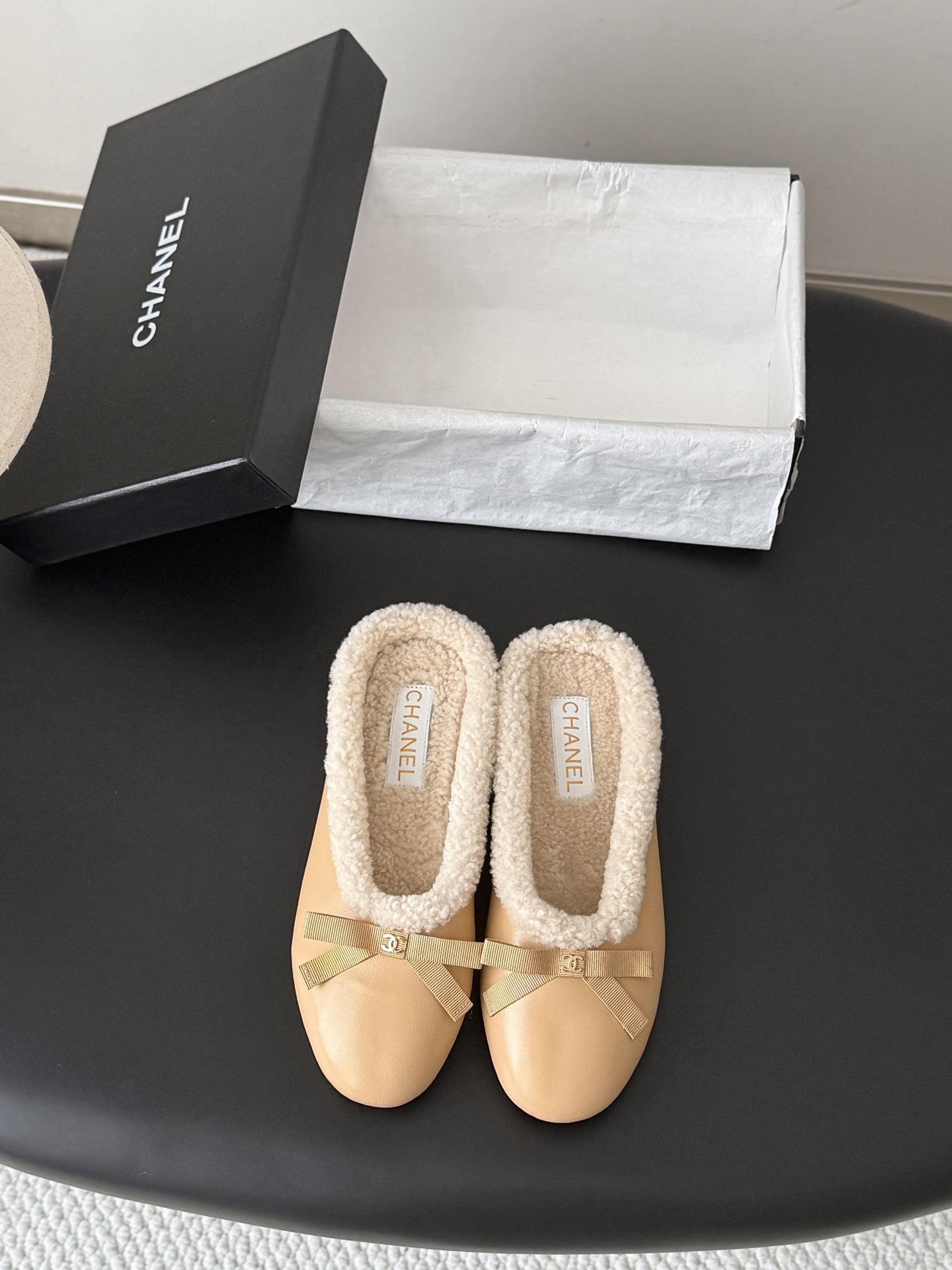 Chanel Beige Fuzzy Trim Bow Flats