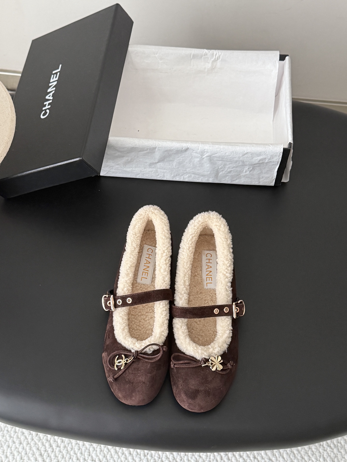 Chanel Brown Fuzzy Mary Jane Flats