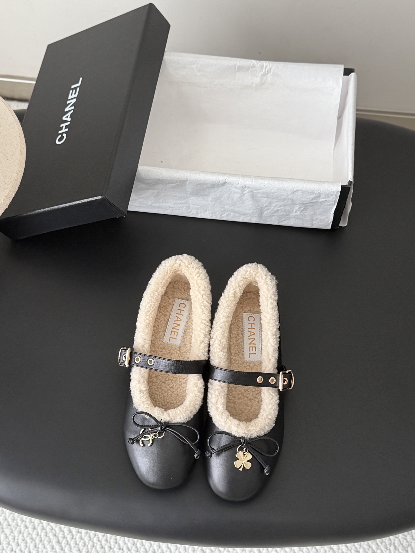 Chanel Black Fuzzy Mary Jane Flats