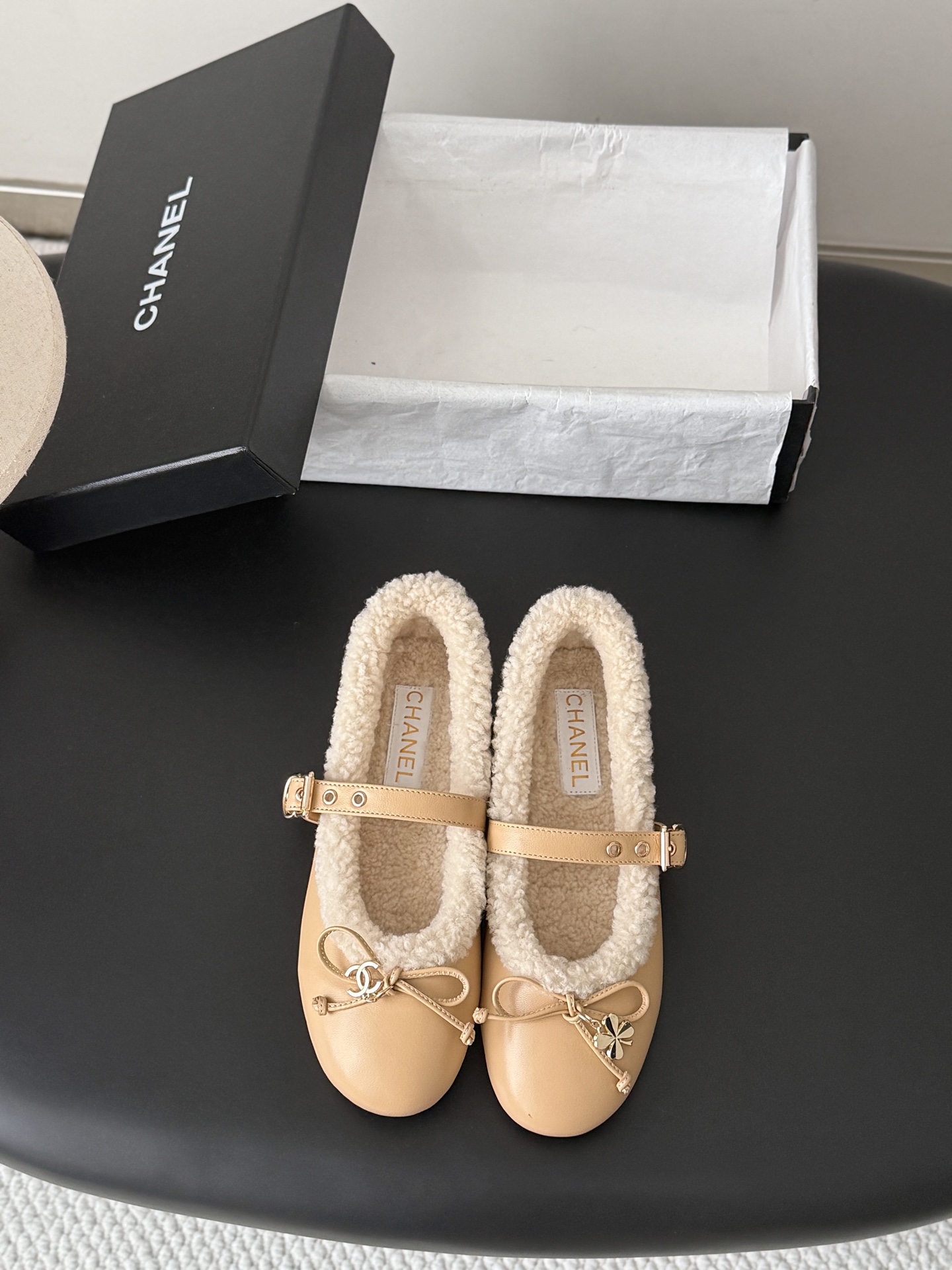 Chanel Beige Fuzzy Mary Jane Flats