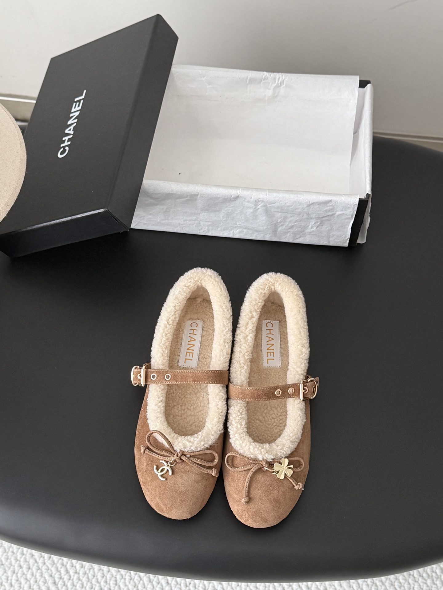 Chanel Tan Fuzzy Mary Jane Flats