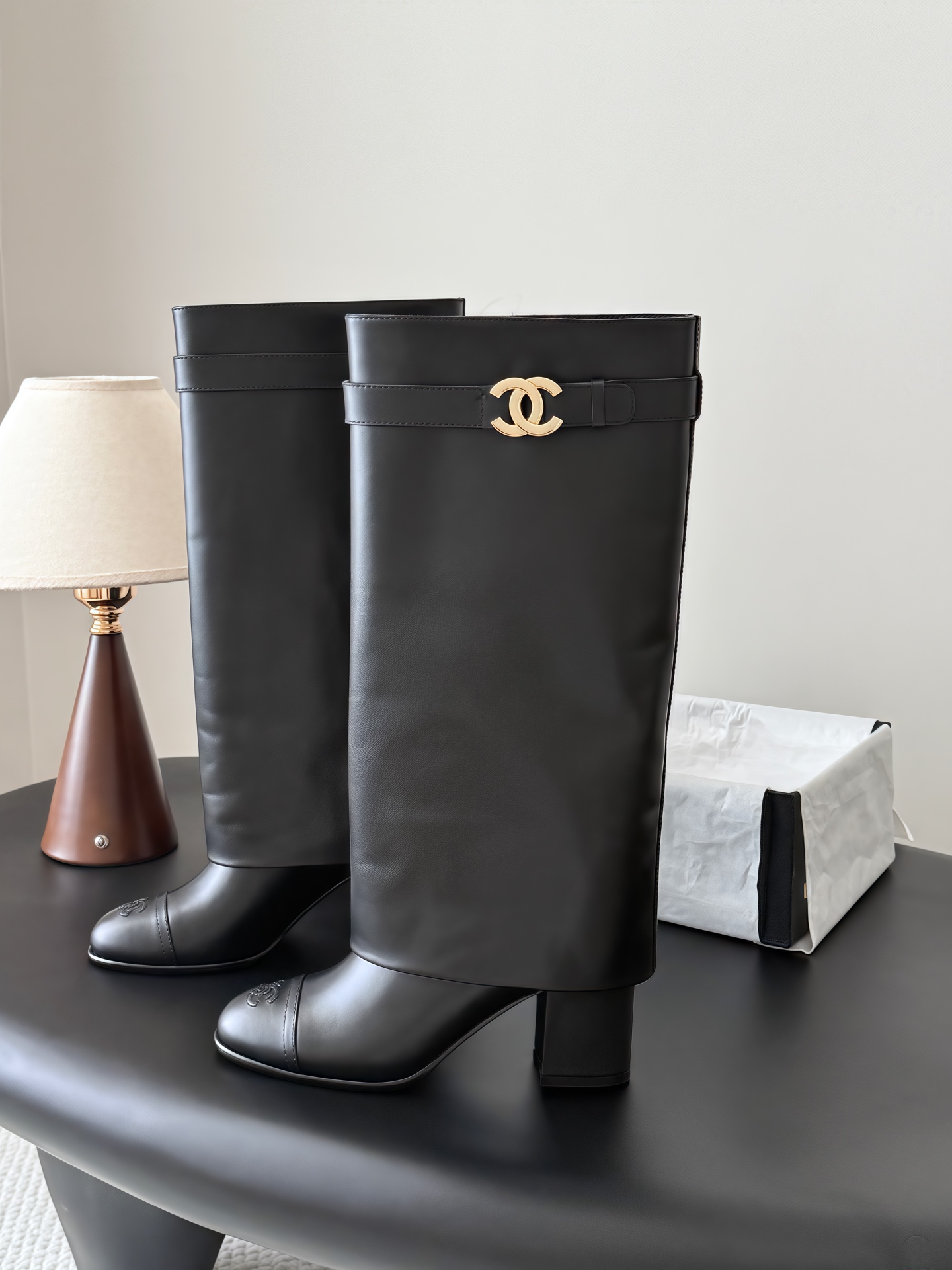 Chanel Black Logo Tall Heeled Boots