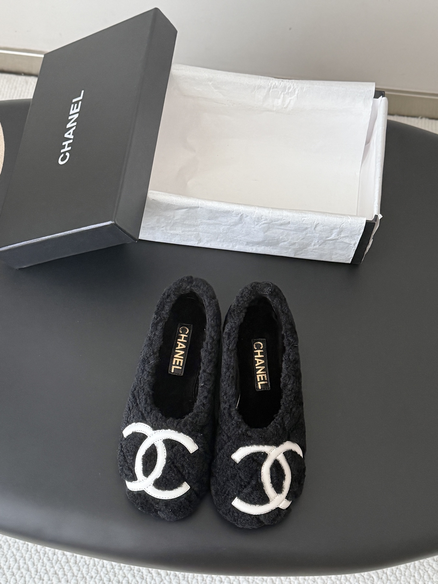 Chanel Black Fuzzy Logo Flats