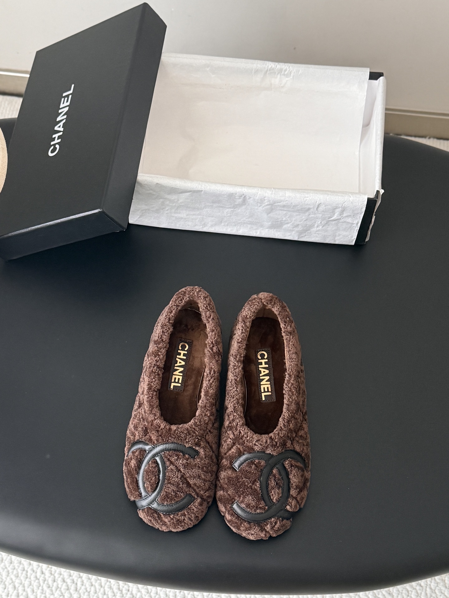 Chanel Brown Fuzzy Logo Flats
