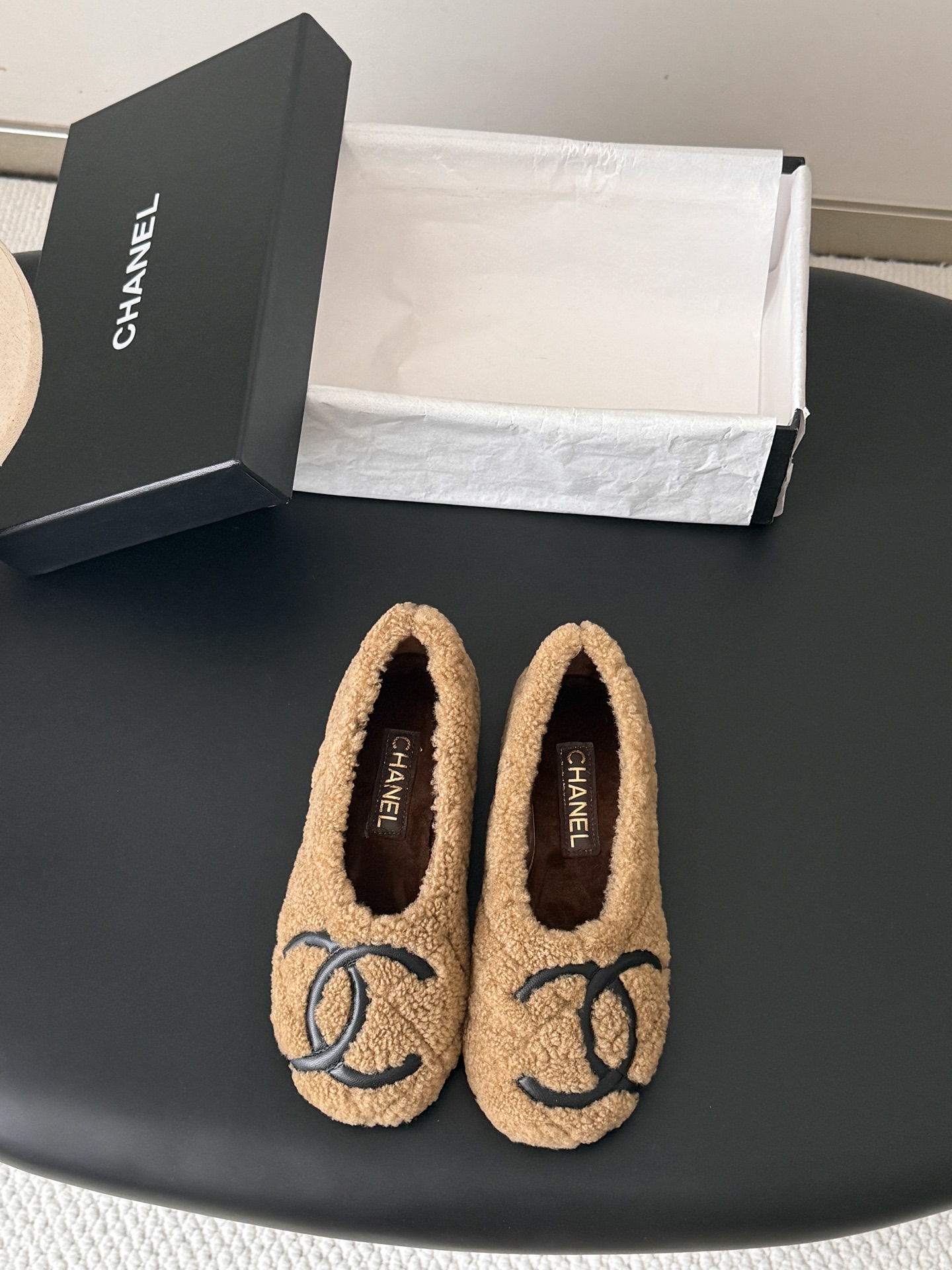 Chanel Tan Fuzzy Logo Flats