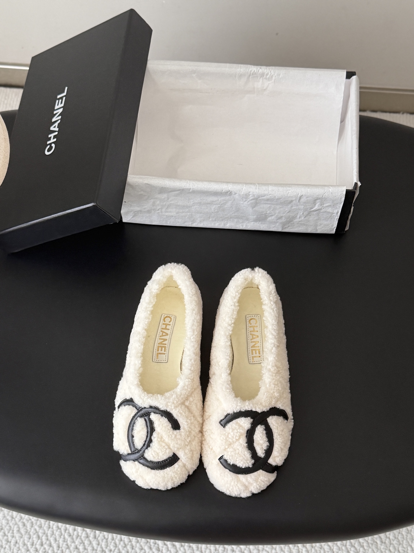 Chanel White Fuzzy Logo Flats