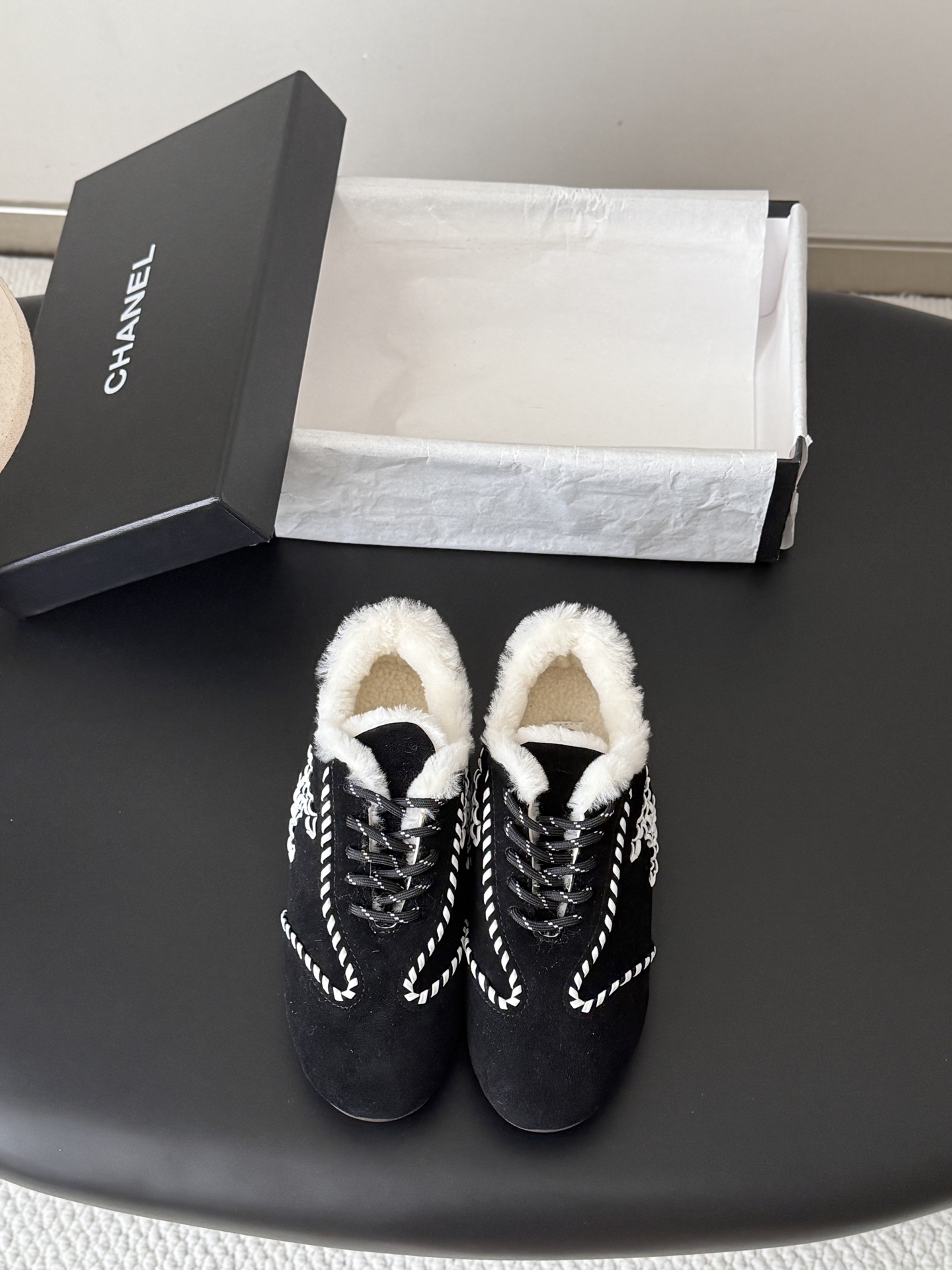 Chanel Black Fuzzy Trim Lace-Up Shoes