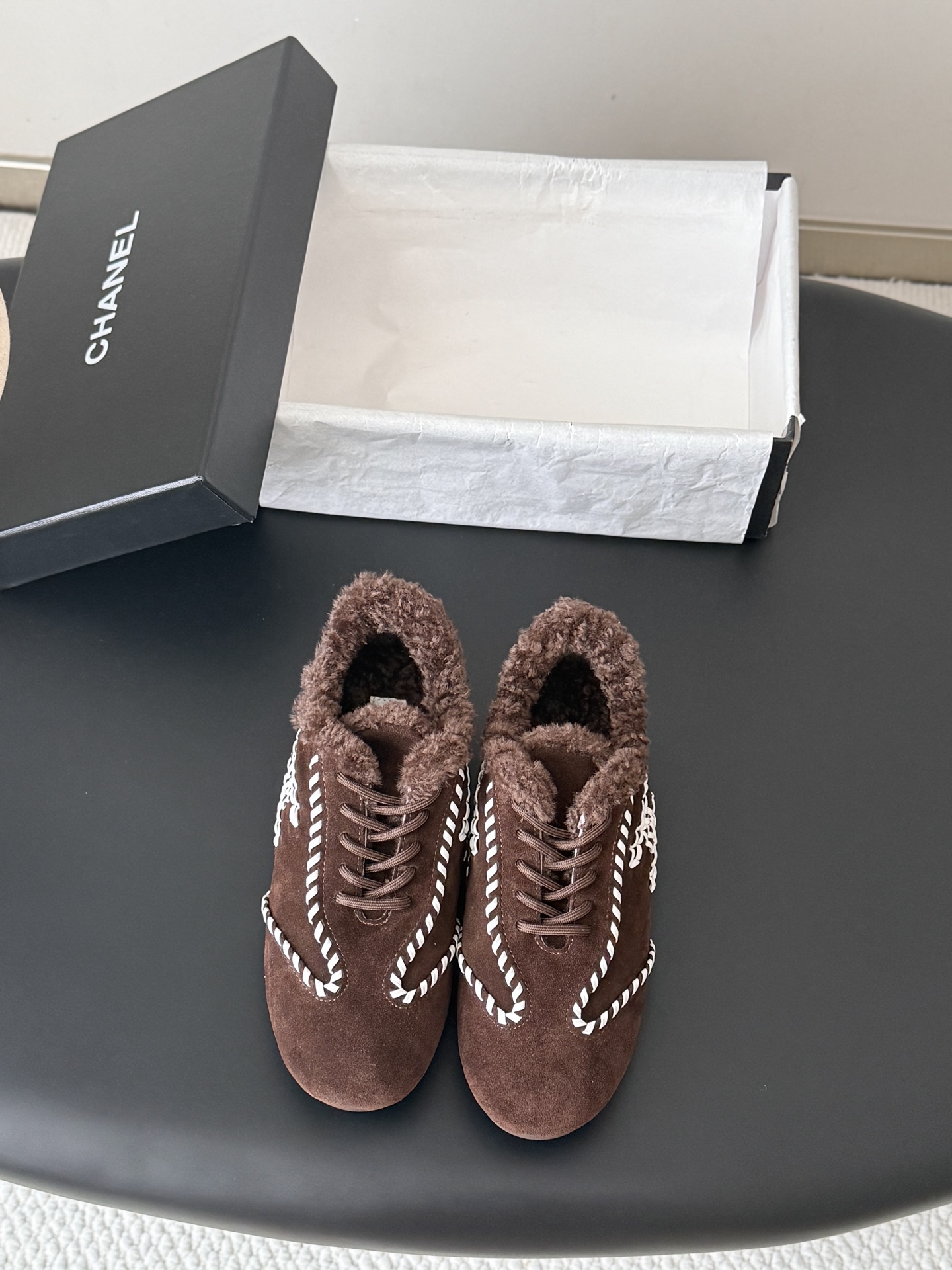 Chanel Brown Fuzzy Trim Lace-Up Shoes