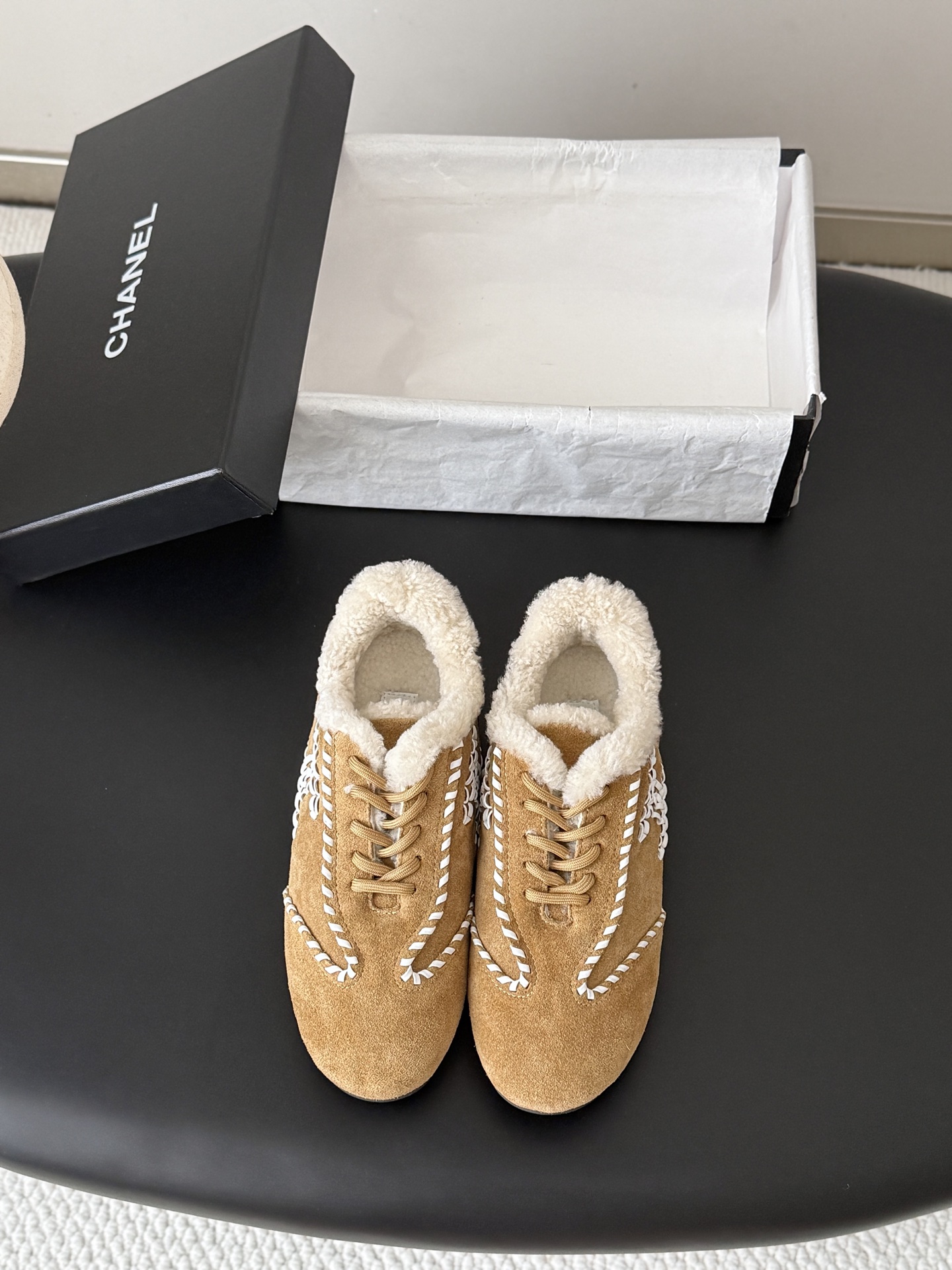 Chanel Tan Fuzzy Trim Lace-Up Shoes