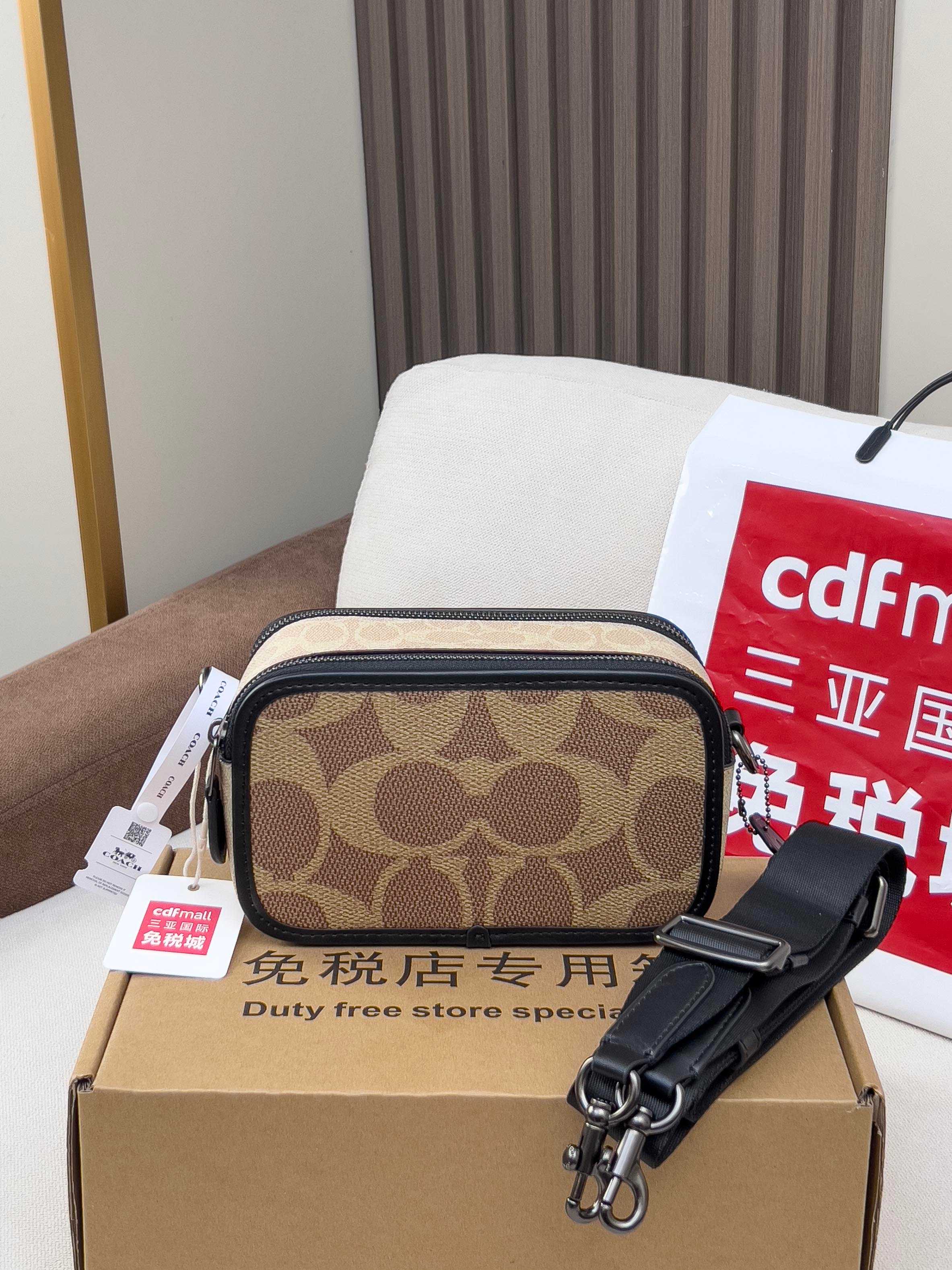 Coach Camera bag Beige Khaki Signature Canvas with Black trim crossbody
