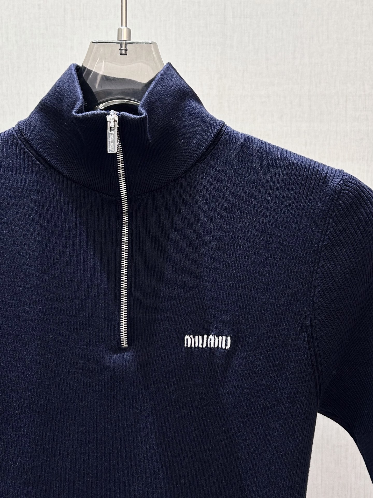 Miu Miu Navy Logo Zip Neck Knit Dress