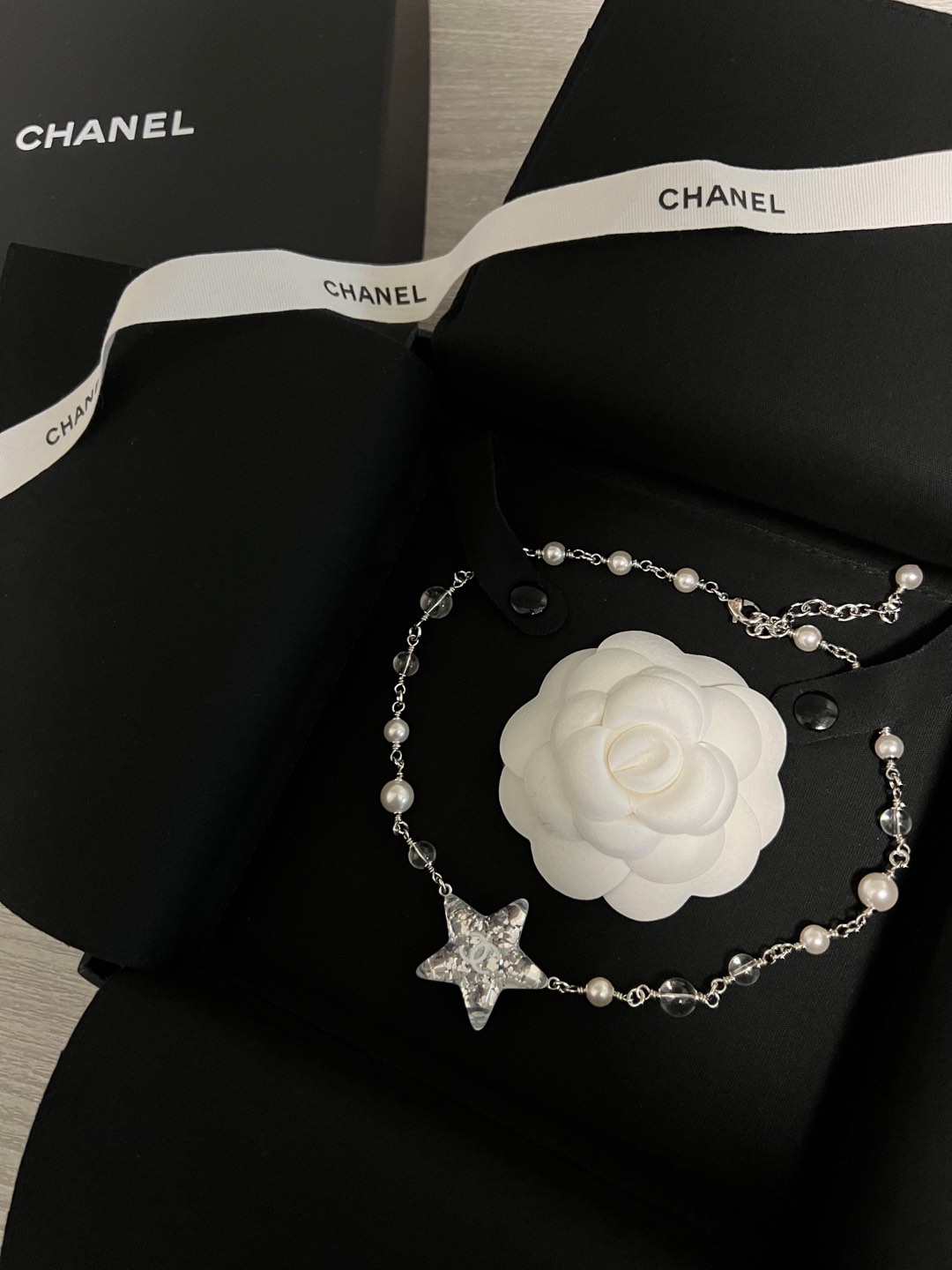 CHANEL Necklace Acrylic Star Pearl Silver White