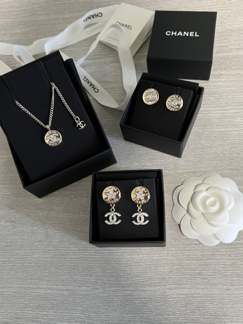 Chanel Gold Coin Pendant CC Earrings, Silver Star Accents, Rhinestone Embellishments 1 Chanel Gold Coin Pendant CC Earrings, Silver Star Accents, Rhinestone Embellishments