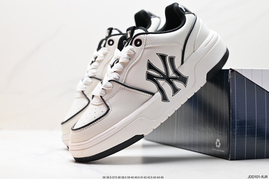 MLB Chunky Liner New York Yankees Senior Shoes Series Low-top Daddy Style Lightweight Height-enhancing Thick-soled All-match Casual Sports Jogging Shoes ”Leather White and Black NY Print” 3ASXCA12N (K0006)