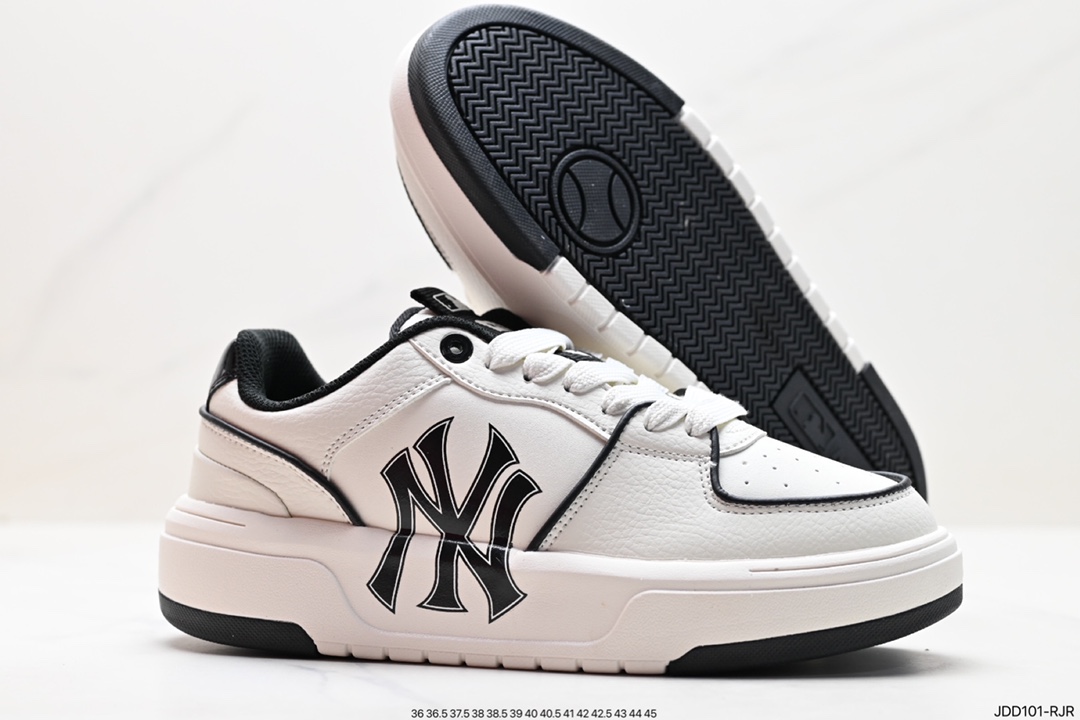 MLB Chunky Liner New York Yankees Senior Shoes Series Low-top Daddy Style Lightweight Height-enhancing Thick-soled All-match Casual Sports Jogging Shoes ”Leather White and Black NY Print” 3ASXCA12N (K0006)