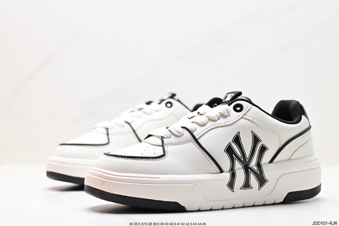 MLB Chunky Liner New York Yankees Senior Shoes Series Low-top Daddy Style Lightweight Height-enhancing Thick-soled All-match Casual Sports Jogging Shoes ”Leather White and Black NY Print” 3ASXCA12N (K0006)