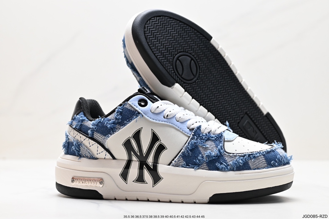 MLB Chunky Liner New York Yankees Senior Shoes Series Low-top Daddy Style Lightweight Height-enhanced Thick-soled All-match Casual Sports Jogging Shoes ”Leather White and Black NY Print” 3ASXCA12N (K0001)