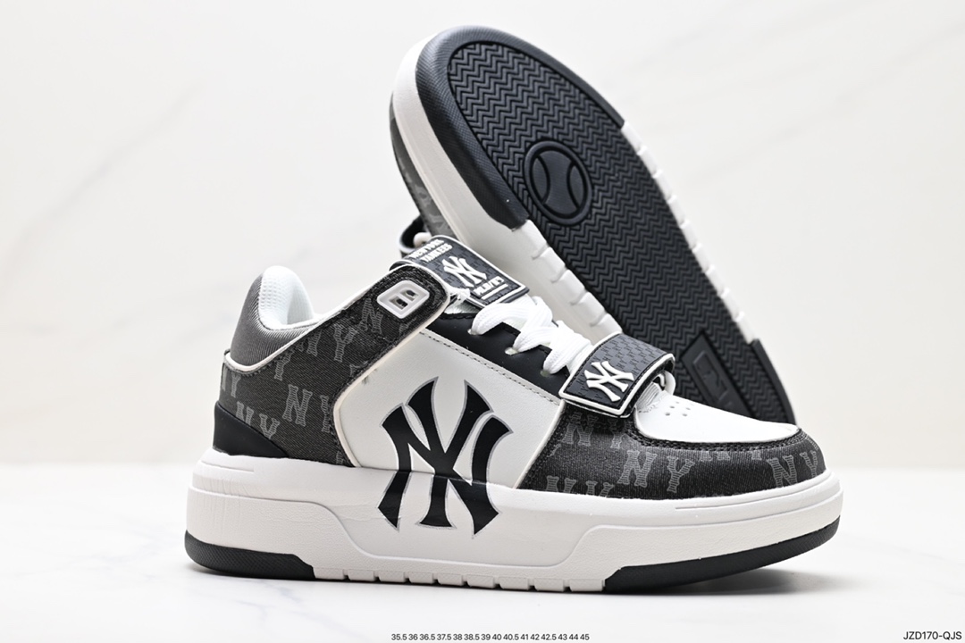 MLB Chunky Liner New York Yankees Senior Shoes Series Low-top Daddy Style Lightweight Height-enhanced Thick-soled All-match Casual Sports Jogging Shoes ”Leather White and Black NY Print” 3ASXLMB3N (C0001)