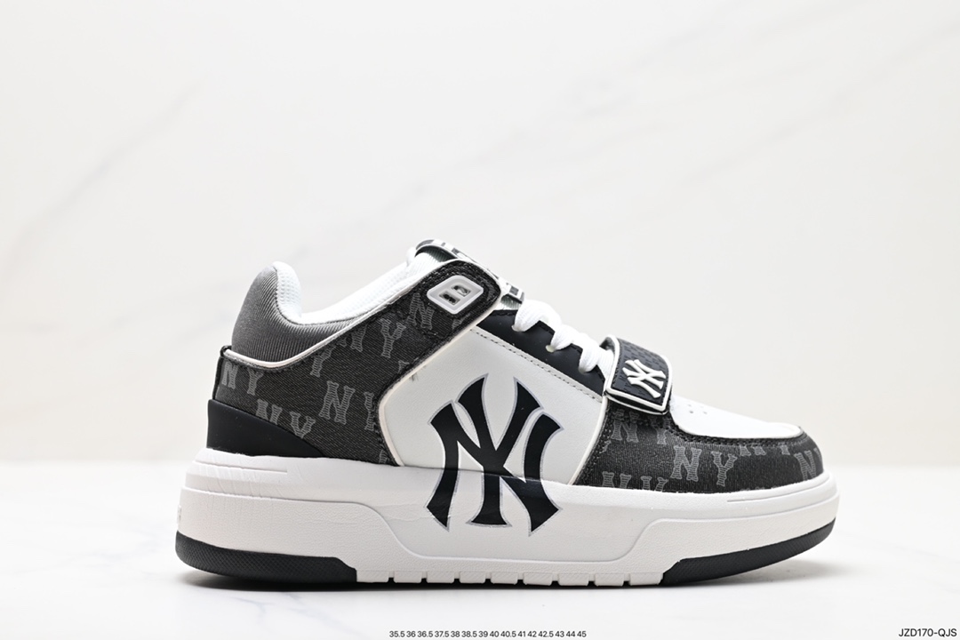 MLB Chunky Liner New York Yankees Senior Shoes Series Low-top Daddy Style Lightweight Height-enhanced Thick-soled All-match Casual Sports Jogging Shoes ”Leather White and Black NY Print” 3ASXLMB3N (C0001)