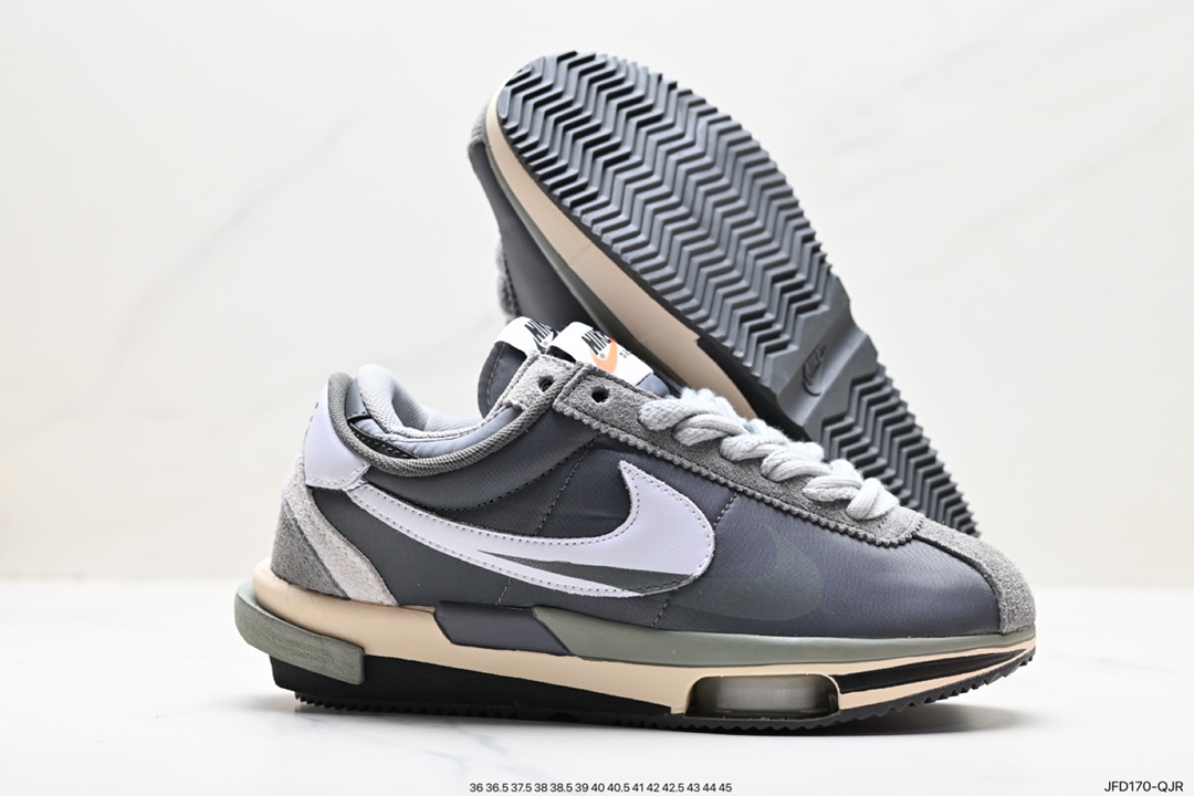 Sacai x Air Zoom Cortez SP 4.0”Grey White” B.4.0 series running shoes “thick cloth dark grey and white double hooks” DQ0581-001