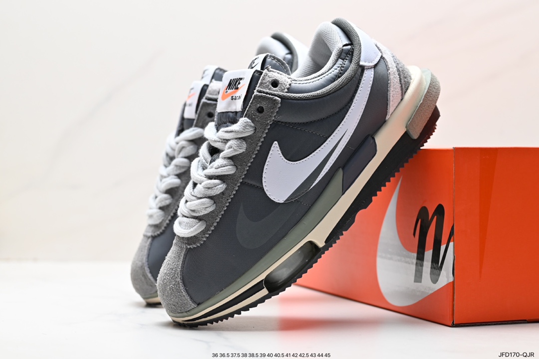 Sacai x Air Zoom Cortez SP 4.0”Grey White” B.4.0 series running shoes “thick cloth dark grey and white double hooks” DQ0581-001