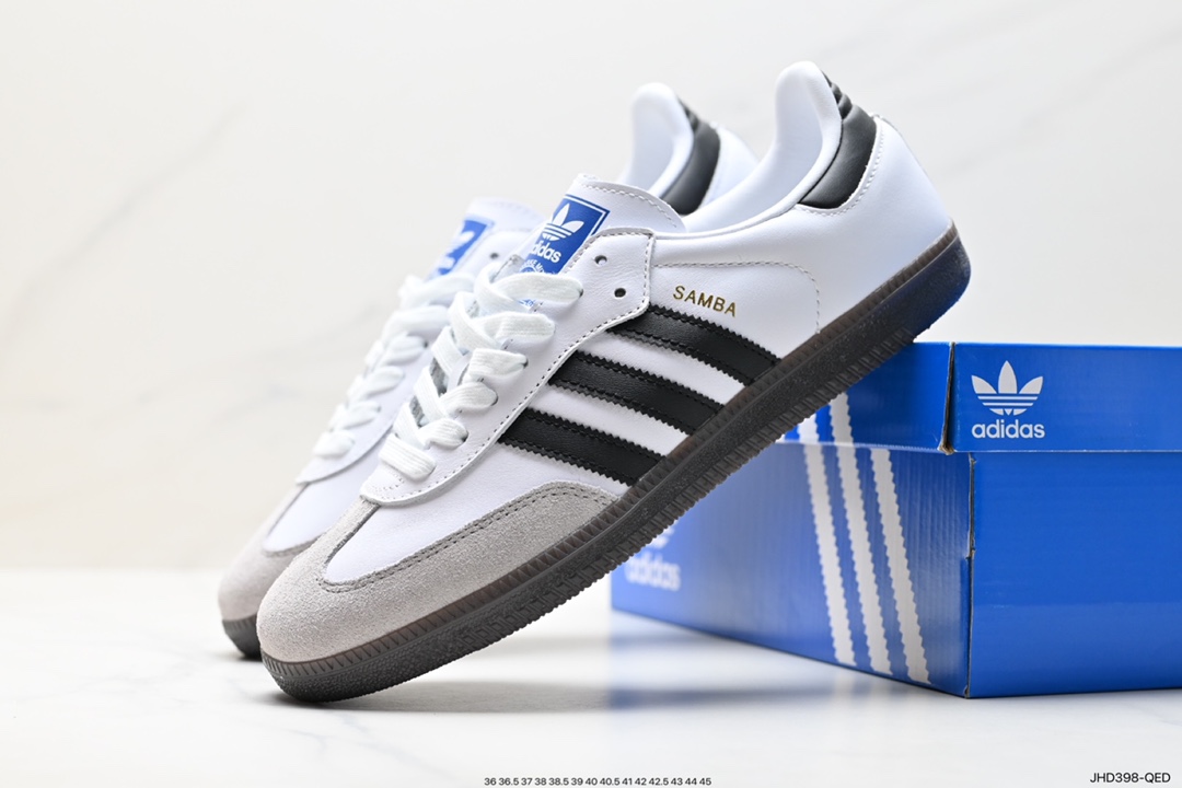 190 Adidas Originals Samba Vegan OG桑巴舞板鞋“皮革黑白浅灰焦糖底环保标识”B75806