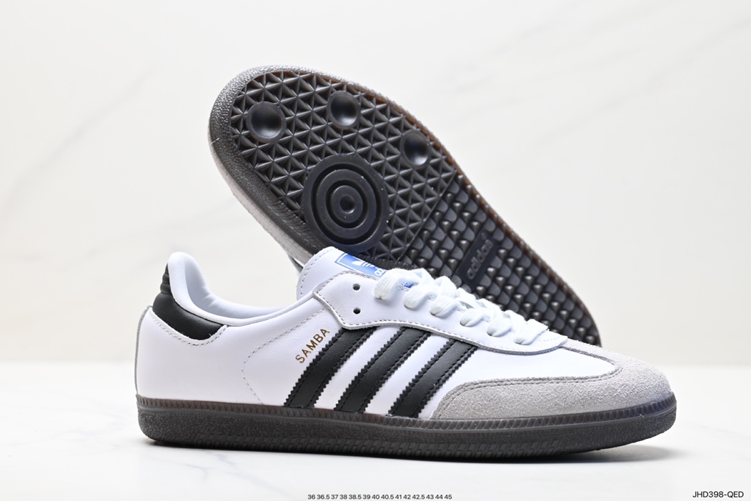 190 Adidas Originals Samba Vegan OG桑巴舞板鞋“皮革黑白浅灰焦糖底环保标识”B75806