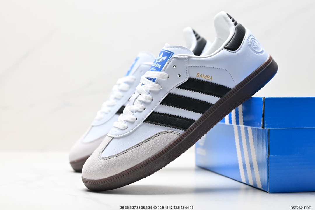 Adidas Originals Samba Vegan OG Samba Sneakers ”Leather Black and White Light Gray Caramel Bottom Environmental Protection Logo” B75807