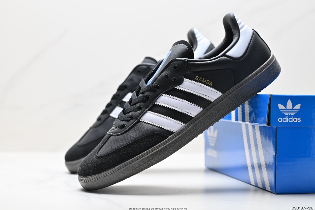 Adidas Originals Samba Vegan OG Samba Sneakers ”Leather Black and White Light Gray Caramel Bottom Environmental Protection Logo” GW3158