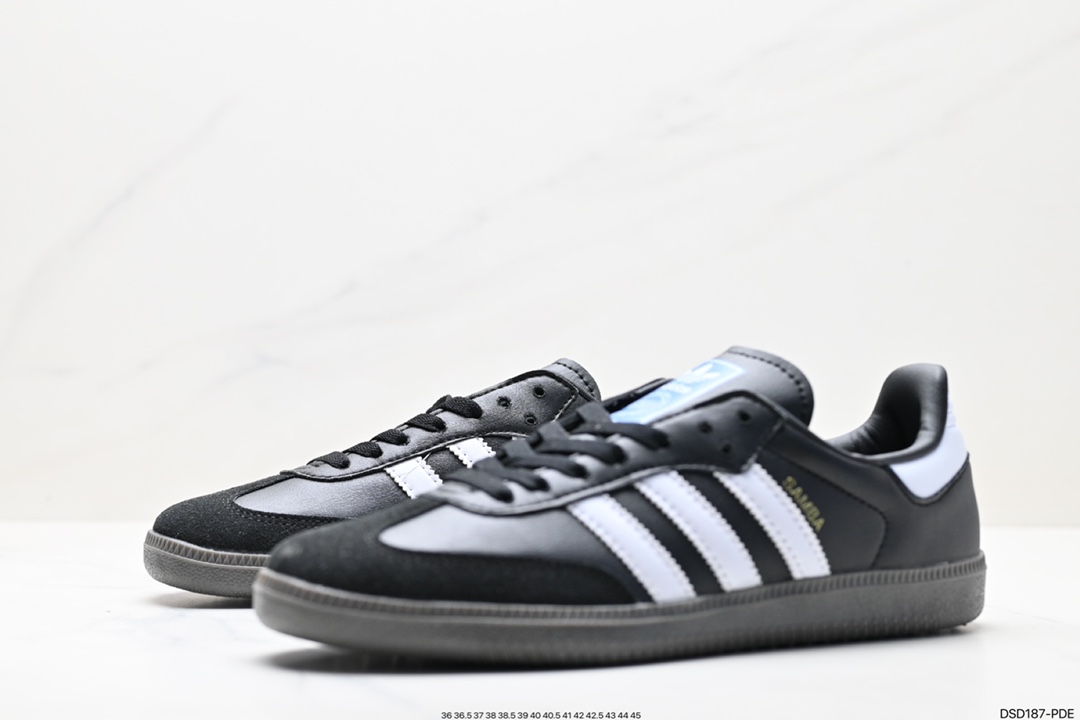 Adidas Originals Samba Vegan OG Samba Sneakers ”Leather Black and White Light Gray Caramel Bottom Environmental Protection Logo” GW3158