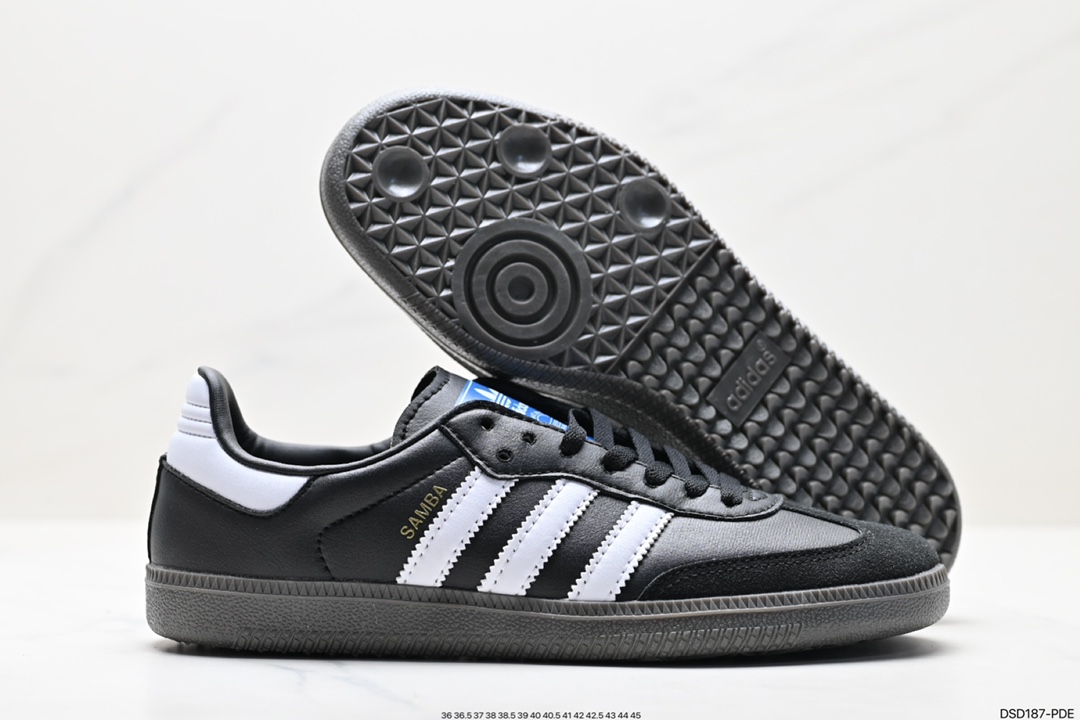 Adidas Originals Samba Vegan OG Samba Sneakers ”Leather Black and White Light Gray Caramel Bottom Environmental Protection Logo” GW3158