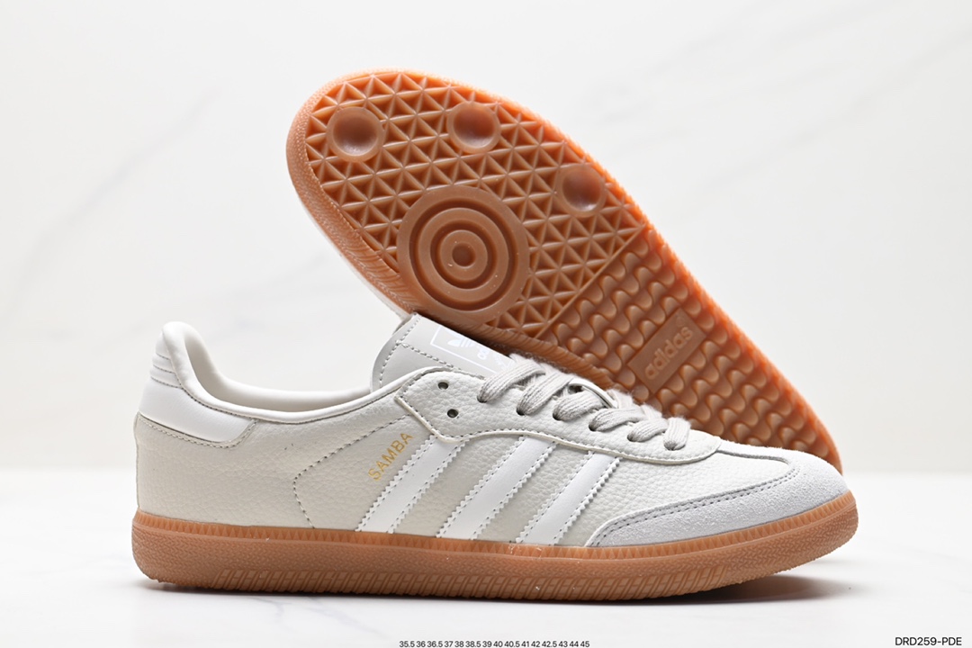 110 阿迪达斯三叶草Adidas Originals Samba Vegan OG桑巴舞板鞋“皮革黑白浅灰焦糖底环保标识IG5932