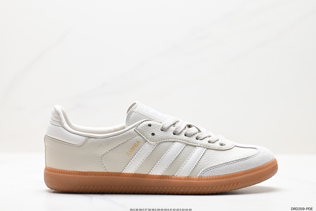 110 阿迪达斯三叶草Adidas Originals Samba Vegan OG桑巴舞板鞋“皮革黑白浅灰焦糖底环保标识IG5932