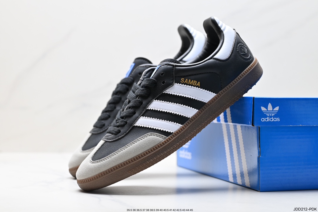 120 Adidas Originals Samba Vegan OG桑巴舞板鞋“皮革黑白浅灰焦糖底环保标识”GY7386