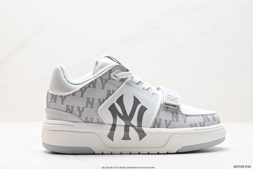 MLB Chunky Liner New York Yankees Senior Shoes Series Low-top Daddy Style Lightweight Height-enhancing Thick-soled All-match Casual Sports Jogging Shoes ”Leather White and Black NY Print” 3ASXCDM3N (GP006)