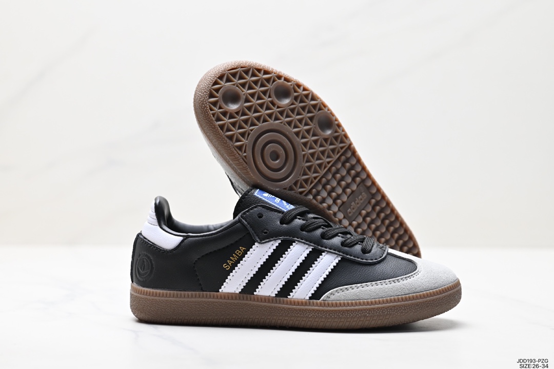 Children's shoes Adidas Originals Samba Vegan OG Samba dance shoes ”leather black and white light gray caramel bottom environmental protection logo” FX9042