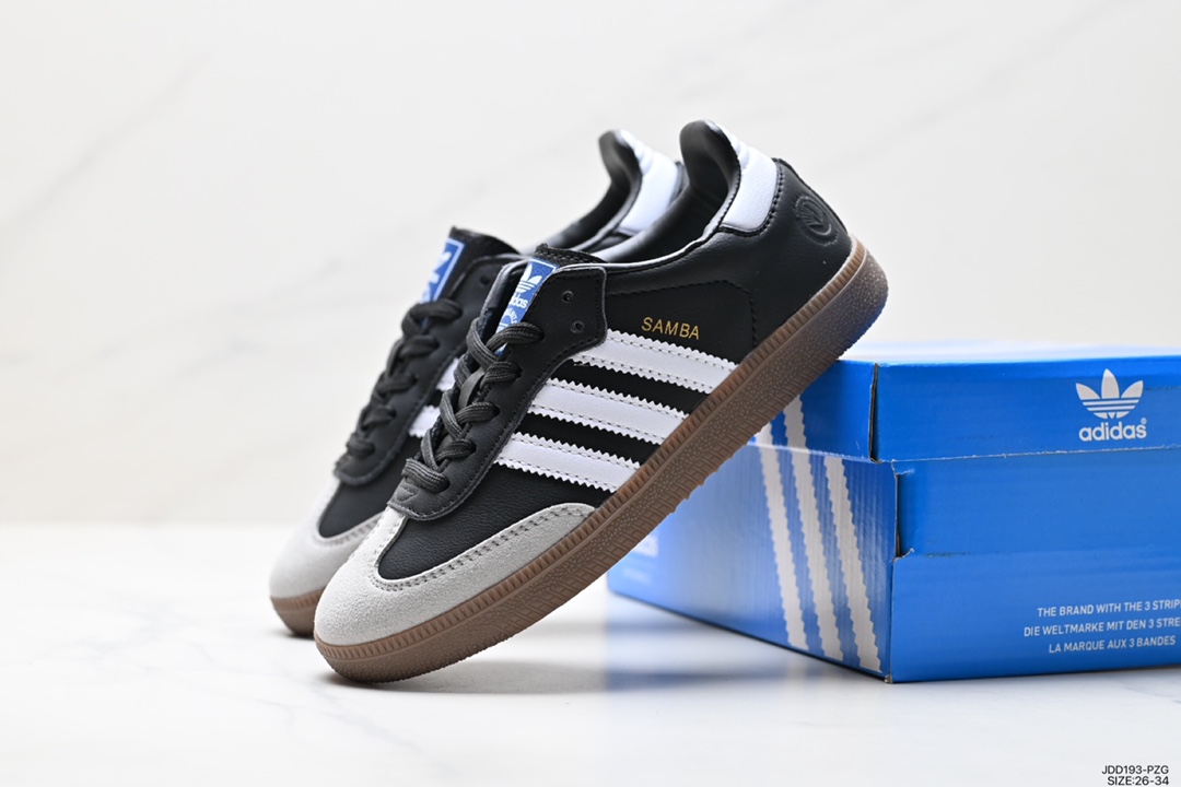 Children's shoes Adidas Originals Samba Vegan OG Samba dance shoes ”leather black and white light gray caramel bottom environmental protection logo” FX9042