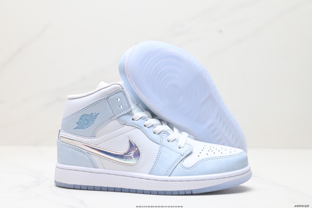 190 耐克Nike Wmns Air Jordan 1 Mid SE"Glitter Swoosh"AJ1乔丹一代篮球鞋“白蓝冰雪奇缘星空流沙”FQ9117-400