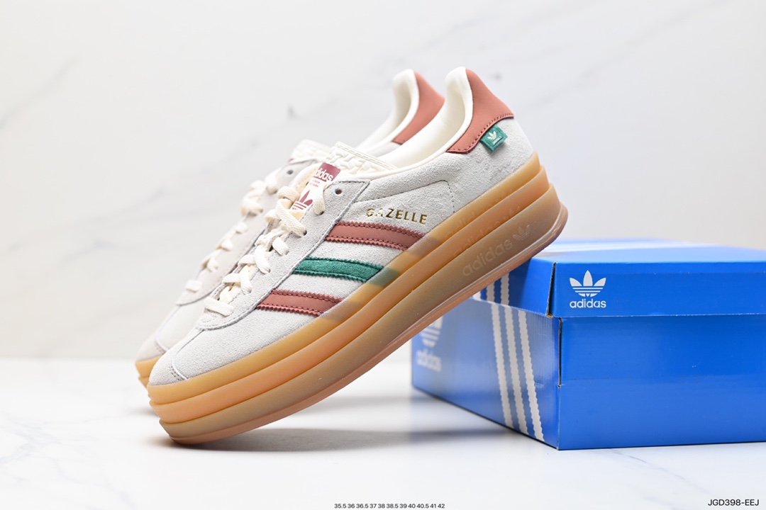 180 阿迪达斯Adidas Originals Gazelle Bold W 羚羊松糕系列运动板鞋“翻毛浅灰深绿酒红生胶底”IG3685