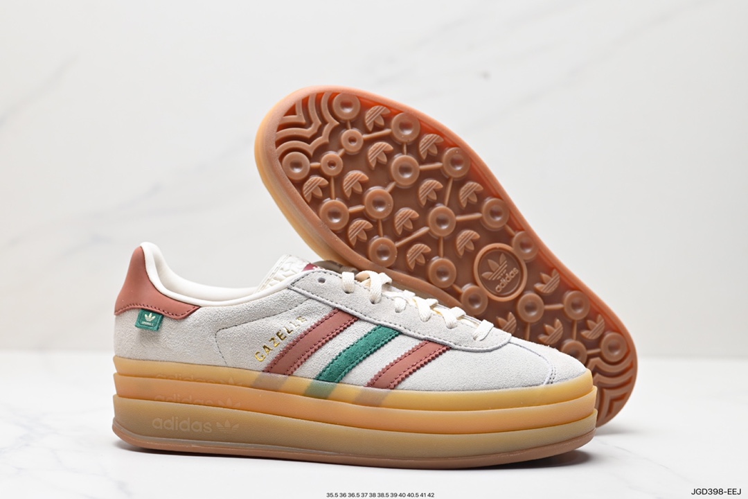 180 阿迪达斯Adidas Originals Gazelle Bold W 羚羊松糕系列运动板鞋“翻毛浅灰深绿酒红生胶底”IG3685