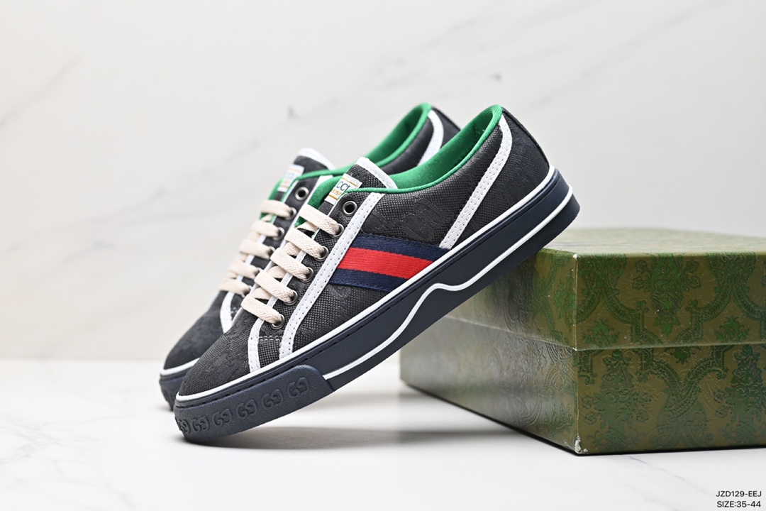 GUCCI Tennis 1977 Print Sneaker canvas print retro casual sports shoes ”twill canvas butter dark green red” 606111 H0T10 988H