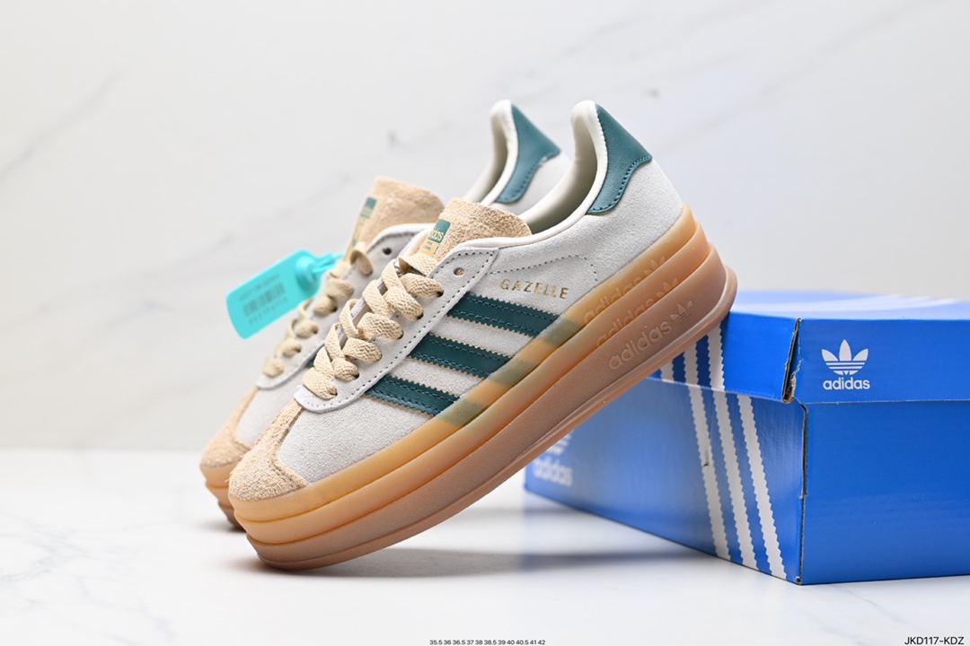 160 Adidas Originals Gazelle Bold W 羚羊松糕系列“翻毛白绿生胶底“ 三叶草板鞋 ID7056