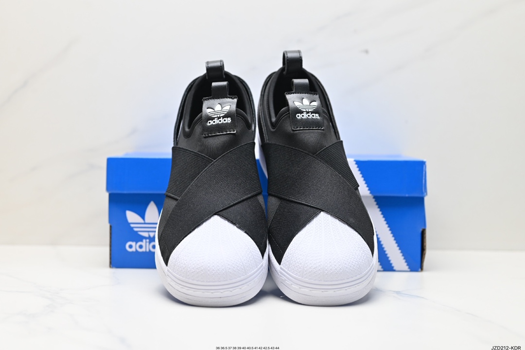 140 三叶草Adidas Superstar SlipOn经典贝壳头交叉绑带一脚蹬休闲百搭板鞋“黑白 S81337