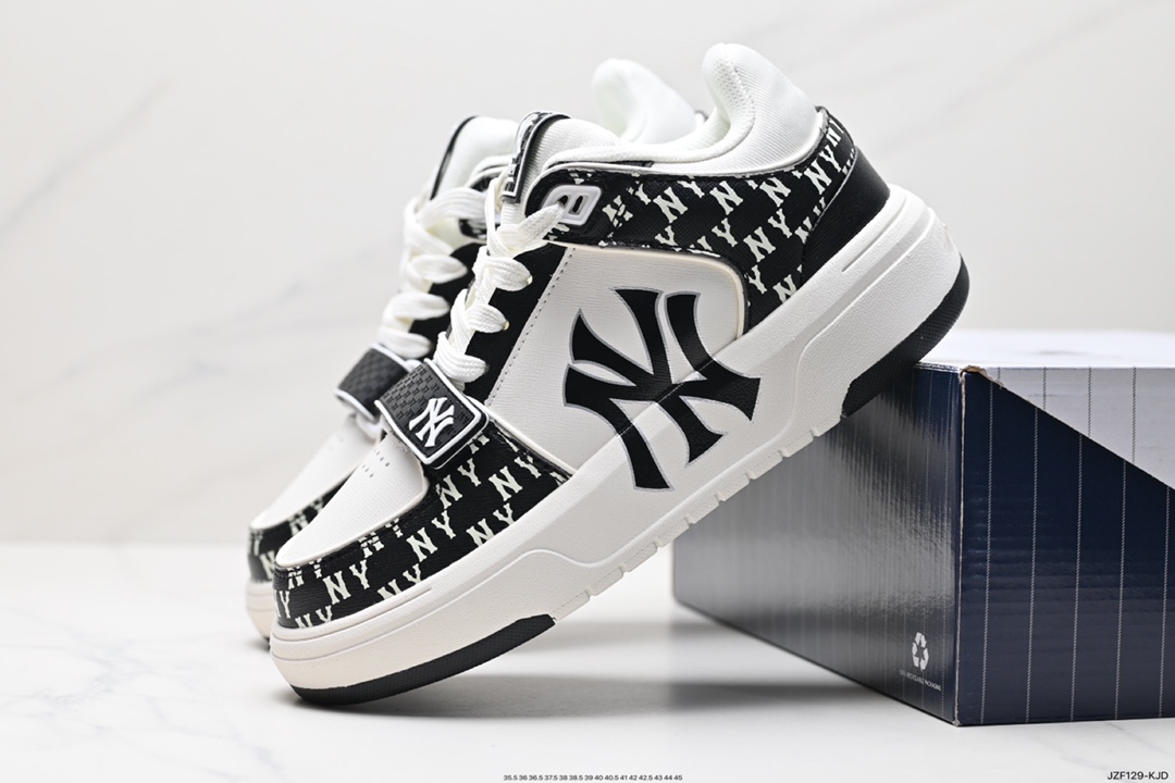 MLB Chunky Liner New York Yankees Senior Shoes Series Low-top Daddy Style Jogging Shoes ”Leather White Black NY Print” 3ASXLMC4N