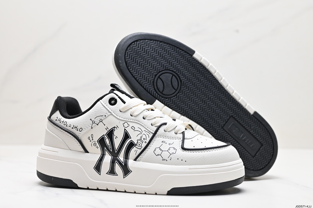 Korea Limited Release NY Yankees Limited x MLB Big Ball Chunky Mesh Thick-soled Running Shoes ”Mesh Ivory Black NY Print” 3ASXCA12N (C001)