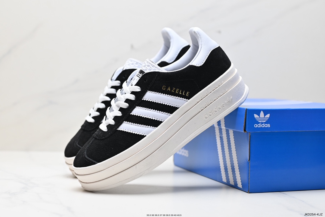 160 Adidas Originals Gazelle Bold W 羚羊松糕系列“翻毛黑白生胶底" 三叶草厚底休闲防滑耐磨低帮板鞋  HQ6912