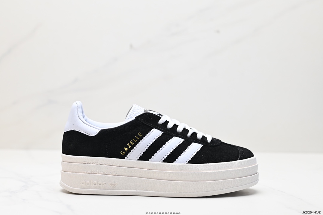 160 Adidas Originals Gazelle Bold W 羚羊松糕系列“翻毛黑白生胶底” 三叶草厚底休闲防滑耐磨低帮板鞋  HQ6912