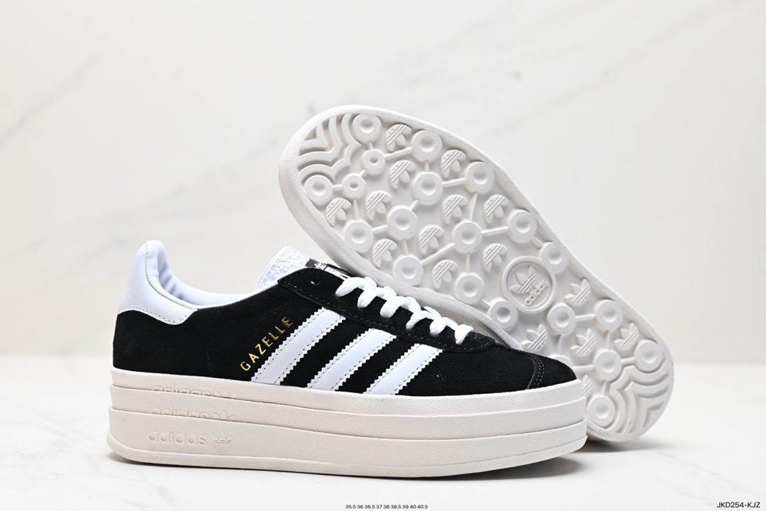 160 Adidas Originals Gazelle Bold W 羚羊松糕系列“翻毛黑白生胶底" 三叶草厚底休闲防滑耐磨低帮板鞋  HQ6912