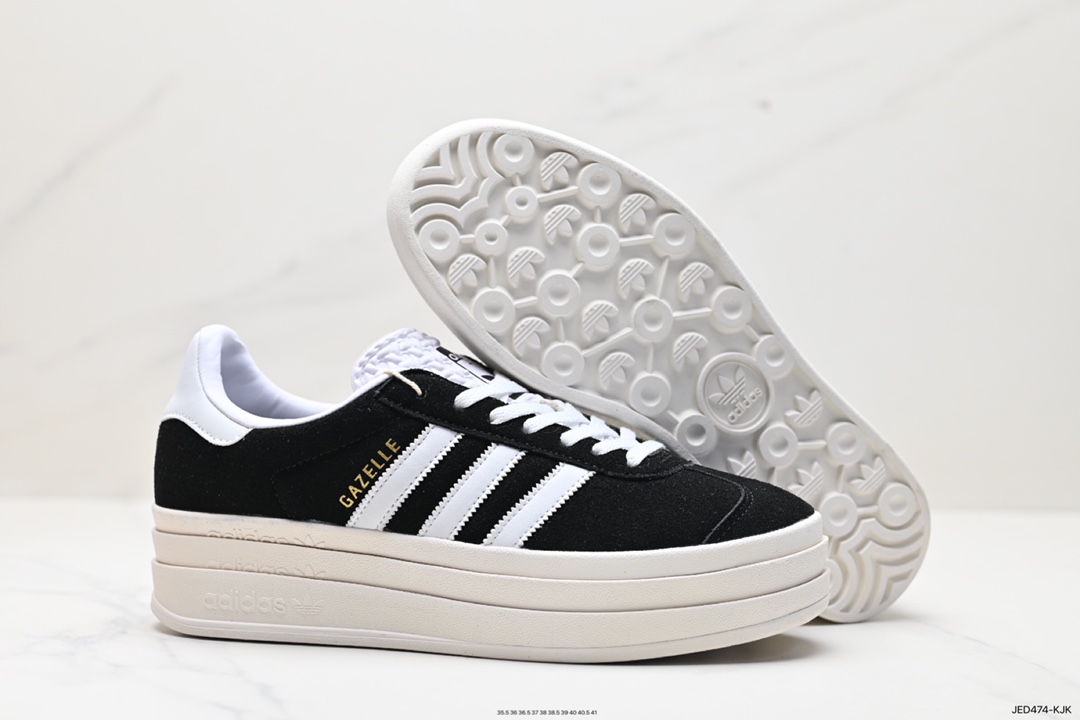 150 Adidas Originals Gazelle Bold W 羚羊松糕系列“翻毛黑白生胶底” 三叶草厚底休闲防滑耐磨低帮板鞋  HQ6912