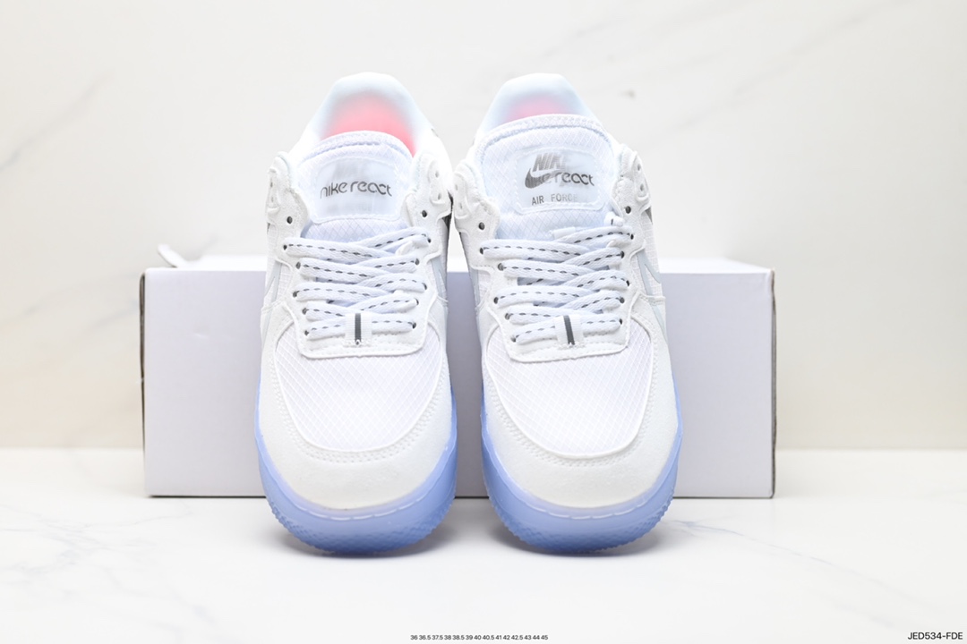 耐克Nike Air Force 1 React QS”White/Light/Sail-Rush Ice”空军一号板鞋“解构白灰银冰块蓝夜光底3M” CQ8879-100